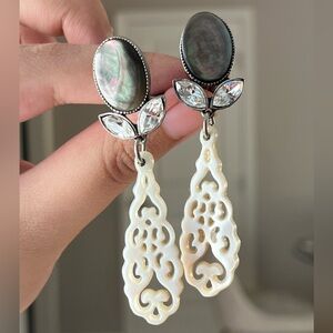 Vintage Philippe Ferrandis Black Mother Of Pearl Engraved Hollow Dangle Earrings